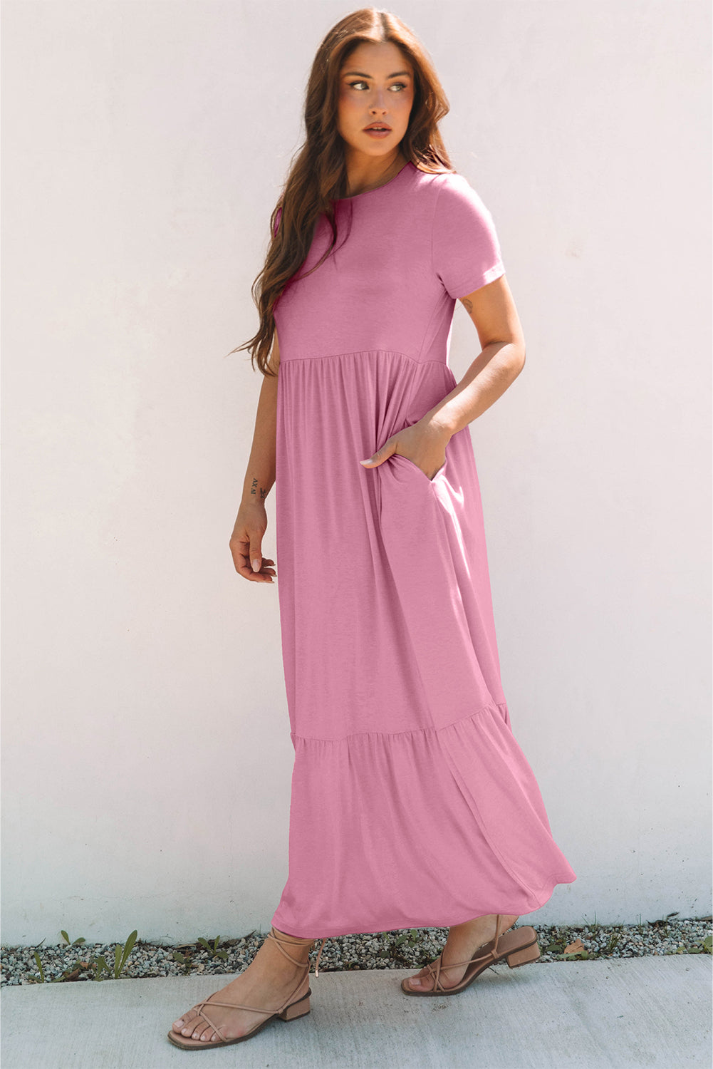 Pink Solid Color T-shirt High Waist Pocketed Long Dress Maxi Dresses JT's Designer Fashion
