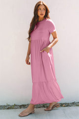 Pink Solid Color T-shirt High Waist Pocketed Long Dress Maxi Dresses JT's Designer Fashion