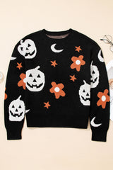 Black Halloween Mythical Night Pattern Drop Shoulder Sweater Sweaters JT's Designer Fashion