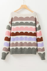 Gray Wave Striped Balloon Sleeve Drop Shoulder Sweater Sweaters JT's Designer Fashion