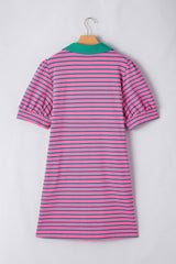 Rose Stripe Collared V Neck Puff Sleeve Shift T Shirt Dress with Pockets Plus Size Mini Dresses JT's Designer Fashion