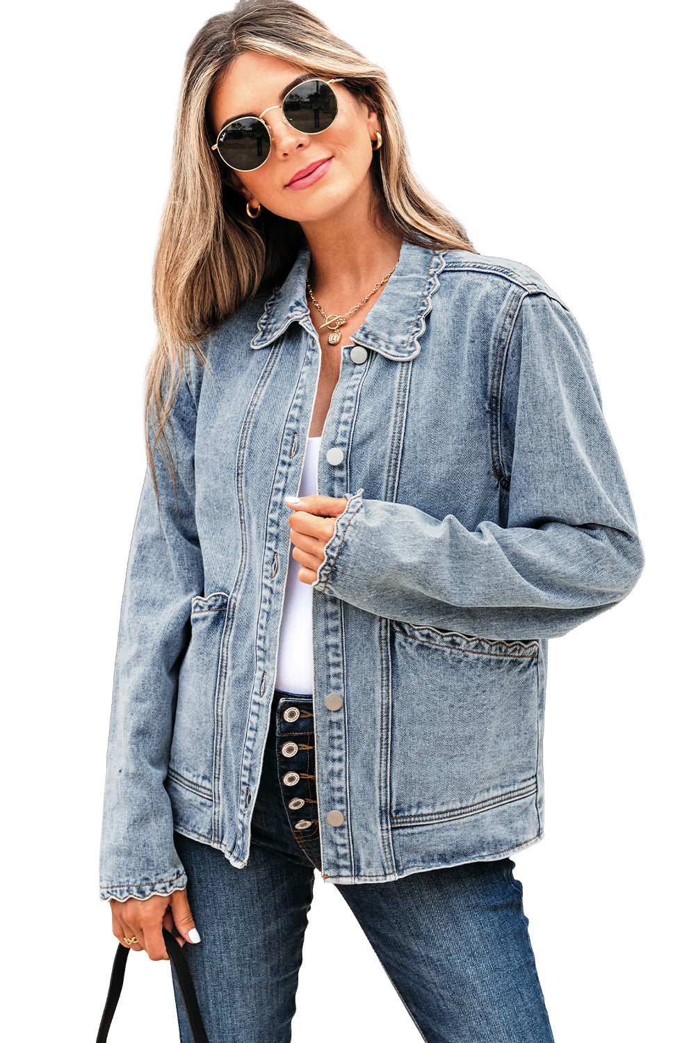 Myosotis Scallop Trim Collar Patched Pocket Button Up Denim Jacket Denim Jackets JT's Designer Fashion