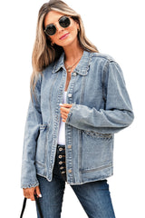 Myosotis Scallop Trim Collar Patched Pocket Button Up Denim Jacket Denim Jackets JT's Designer Fashion