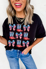 Black Stars and Stripes Bowknot Cowgirl Boots Graphic Patriotic Tee Graphic Tees JT's Designer Fashion