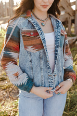 Multicolor Aztec Print Frayed Hem Denim Jacket Denim Jackets JT's Designer Fashion