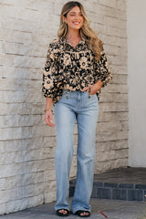 Black Floral Shirred Yoke Bracelet Sleeve Split Neck Boho Blouse Blouses & Shirts JT's Designer Fashion
