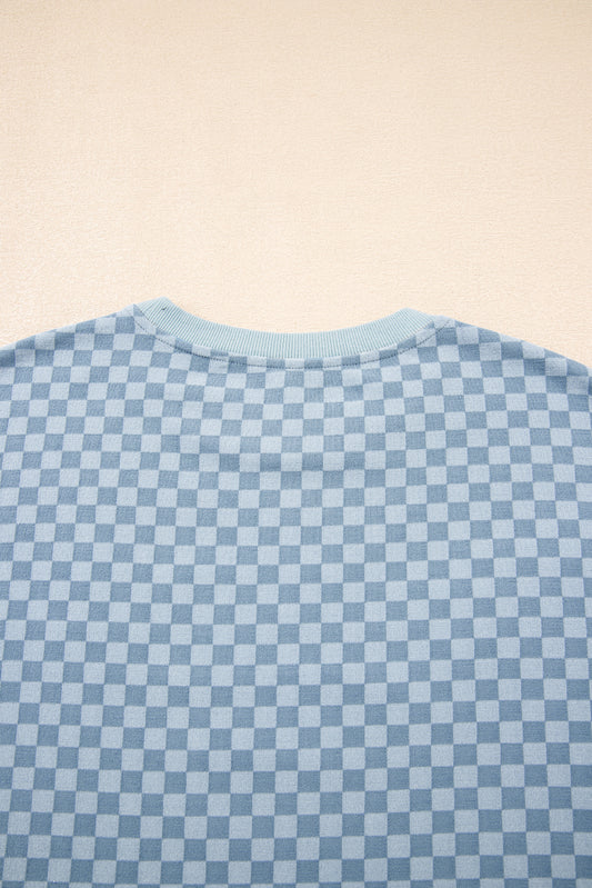 Sky Blue Checkerboard Long Sleeve Pullover and Shorts Set Short Sets JT's Designer Fashion