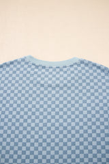 Sky Blue Checkerboard Long Sleeve Pullover and Shorts Set Short Sets JT's Designer Fashion