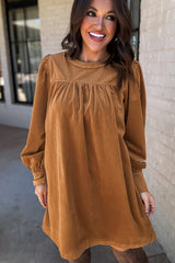 Desert Gold Corduroy Pleated Puff Sleeve Shift Short Dress Mini Dresses JT's Designer Fashion