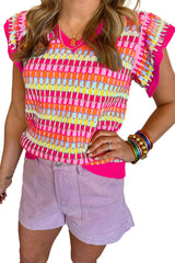 Rose Red Printed Cap Sleeve Ribbed Trim Sweater Sweaters & Cardigans JT's Designer Fashion