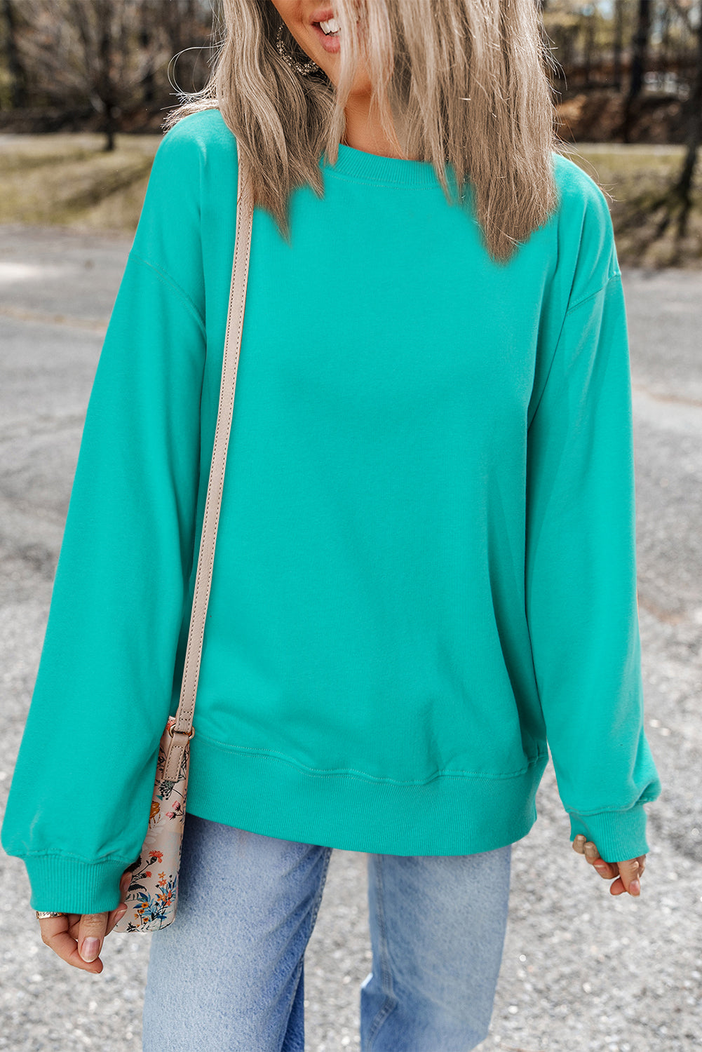Aruba Blue Plain Drop Shoulder Crewneck Pullover Sweatshirt Sweatshirts & Hoodies JT's Designer Fashion