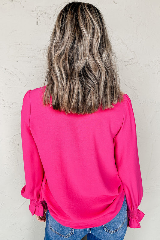 Rose Red Solid Color Shirred Cuff Notch V Neck Blouse Blouses & Shirts JT's Designer Fashion