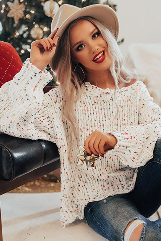 White Colorful Confetti Distressed Knit Sweater Sweaters JT's Designer Fashion