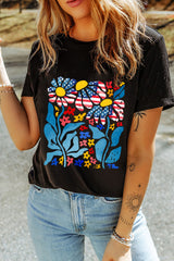 Black USA Flag Flower Graphic Drop Shoulder T Shirt Graphic Tees JT's Designer Fashion