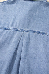 Dusk Blue Short Sleeve Pocketed Button up Denim Tunic Dress Mini Dresses JT's Designer Fashion