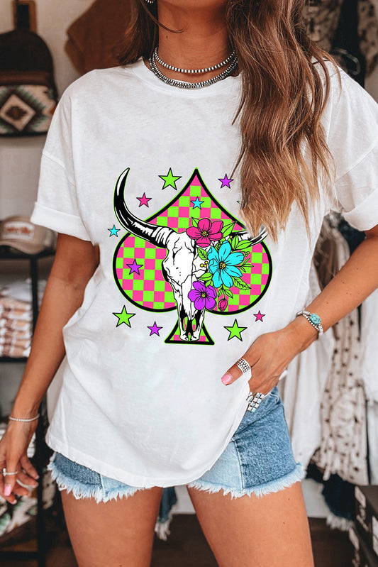 White Checkered Steer Head Spade Print Crew Neck T Shirt Graphic Tees JT's Designer Fashion