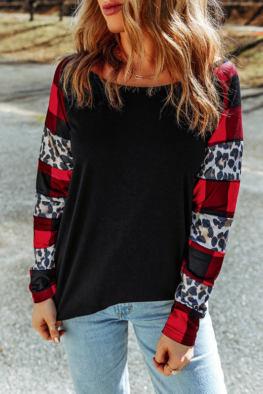 Black Off Shoulder Plaid&Leopard Print Long Sleeve Top Long Sleeve Tops JT's Designer Fashion