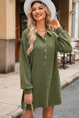Moss Green Corded Buttons Placket Drop Shoulder Collared Shift Dress Mini Dresses JT's Designer Fashion