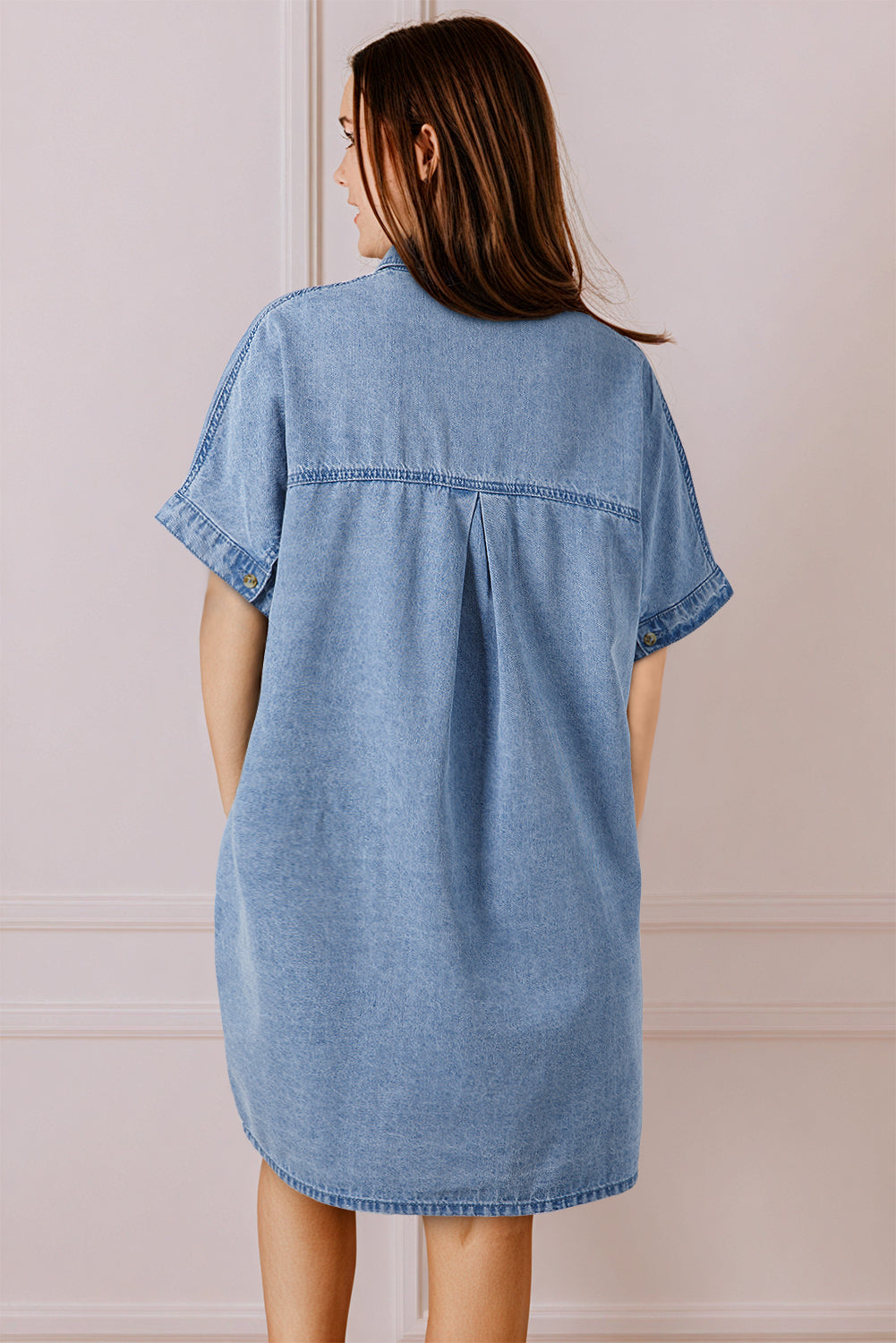 Dusk Blue Short Sleeve Pocketed Button up Denim Tunic Dress Mini Dresses JT's Designer Fashion