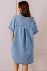 Dusk Blue Short Sleeve Pocketed Button up Denim Tunic Dress Mini Dresses JT's Designer Fashion