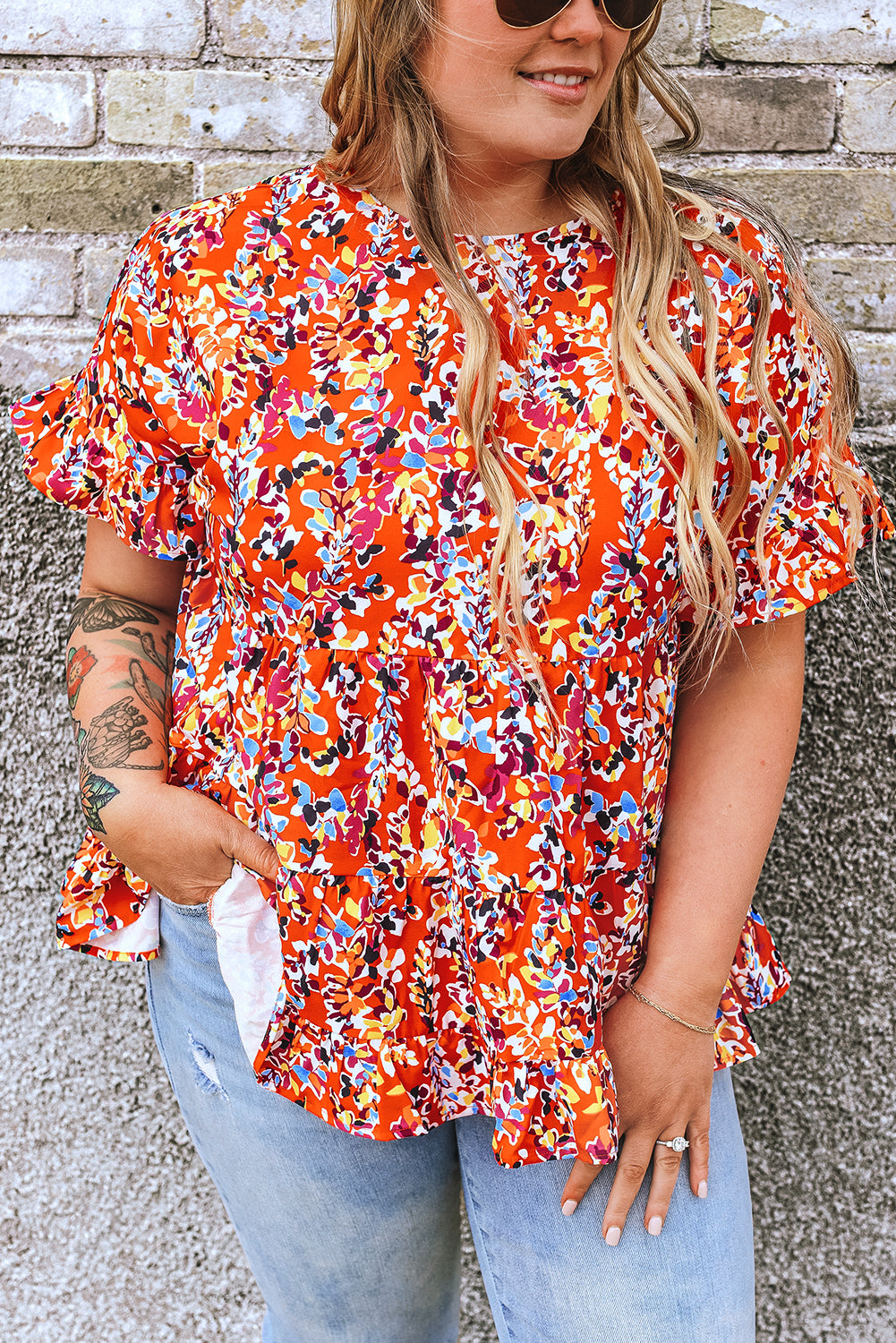 Orange Floral Printed Ruffle Sleeve Curvy Babydoll Blouse Plus Size JT's Designer Fashion
