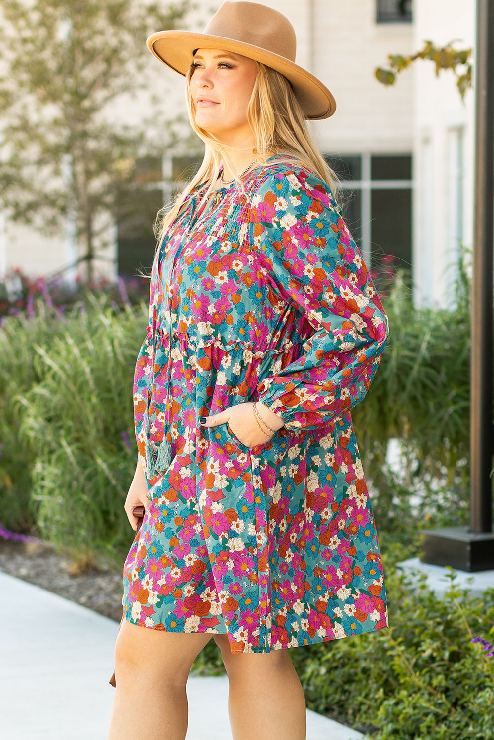 Sky Blue Plus Size Floral Print Shirred Ruffle Tiered Mini Dress Plus Size Mini Dresses JT's Designer Fashion
