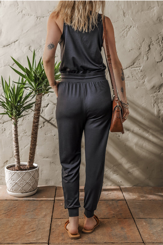 Black Casual Tank Style Tie Waist Pocketed Jogger Jumpsuit Jumpsuits & Rompers JT's Designer Fashion