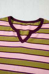 Spinach Green Clashing Stripes Waffle Texture Notched Neck Long Sleeve Top Long Sleeve Tops JT's Designer Fashion