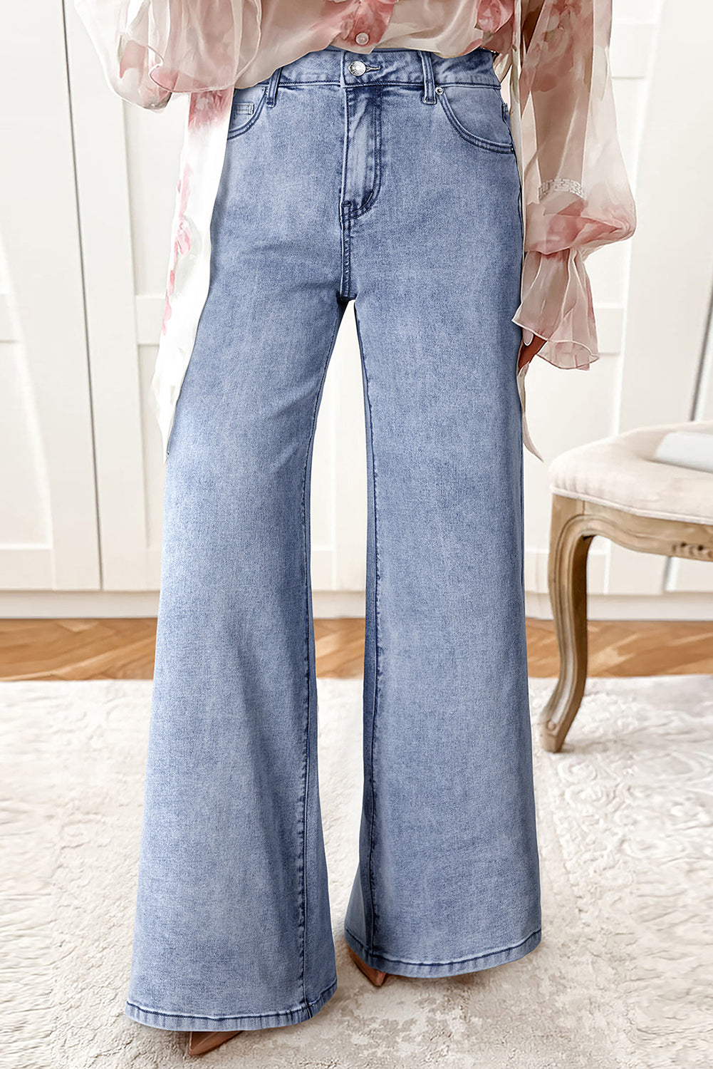Beau Blue High Waist Button Zip Fly Bell Bottom Jeans Beau Blue 75%Cotton+23%Polyester+2%Elastane Jeans JT's Designer Fashion