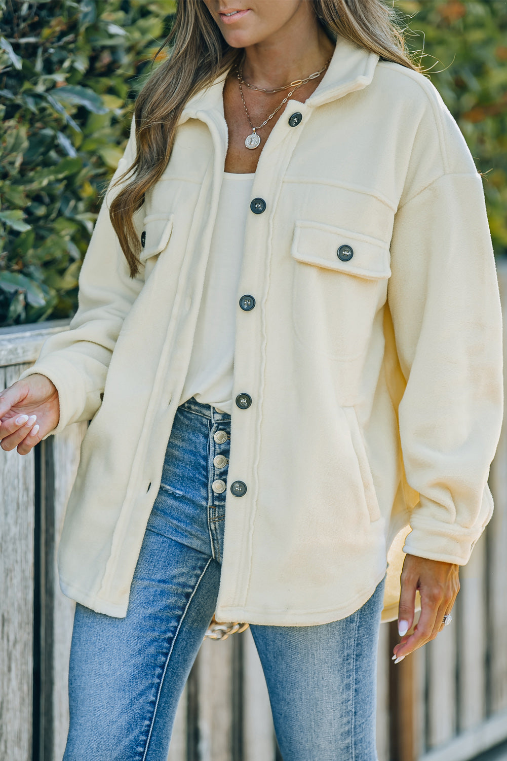 Beige Turn Down Collar Buttoned Shirt Jacket Jackets JT's Designer Fashion