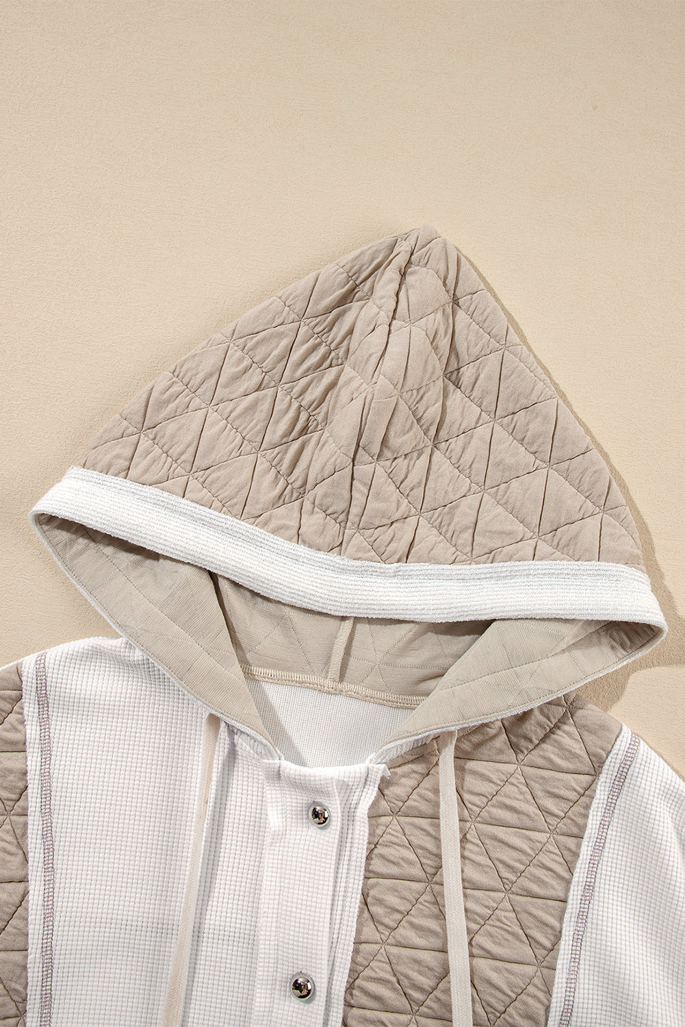 Beige Quilted Textured Patchwork Loose Fit Hooded Jacket Jackets JT's Designer Fashion