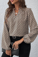 Khaki Geometric Print Notched Neck Puff Sleeve Blouse Blouses & Shirts JT's Designer Fashion