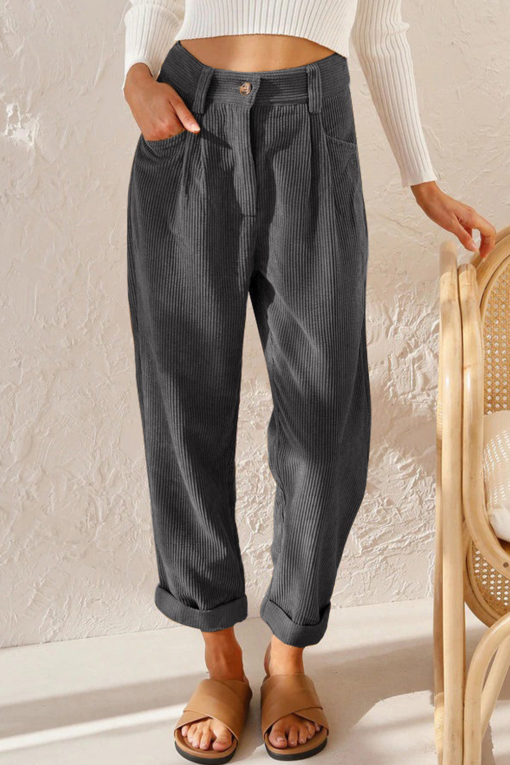 Gray Corduroy High Waist Straight Leg Pants Pants & Culotte JT's Designer Fashion