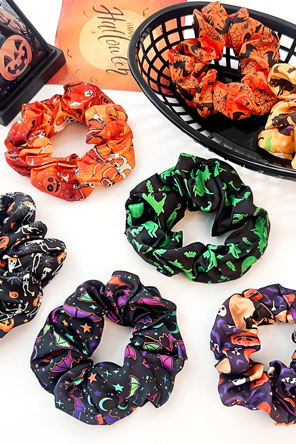 Black Halloween Pattern Print Hair Scrunchie Headwear JT's Designer Fashion