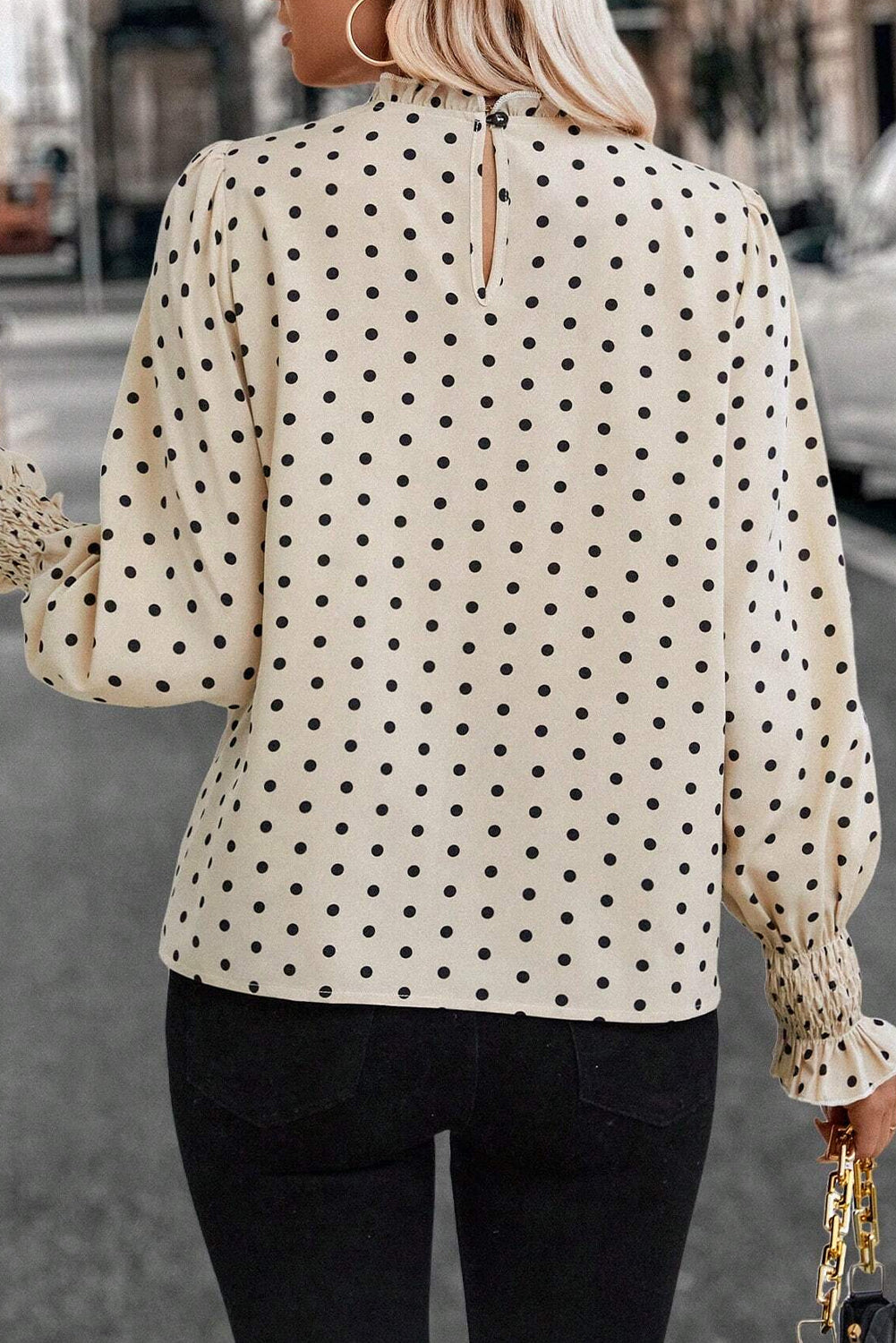 Apricot Polka Dot Print Frilled Collar Lantern Sleeve Blouse Blouses & Shirts JT's Designer Fashion
