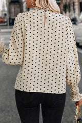 Apricot Polka Dot Print Frilled Collar Lantern Sleeve Blouse Blouses & Shirts JT's Designer Fashion