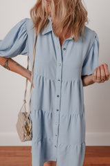 Beau Blue Shirt Collar Button Up Short Puff Sleeve Tiered Shift Dress Mini Dresses JT's Designer Fashion