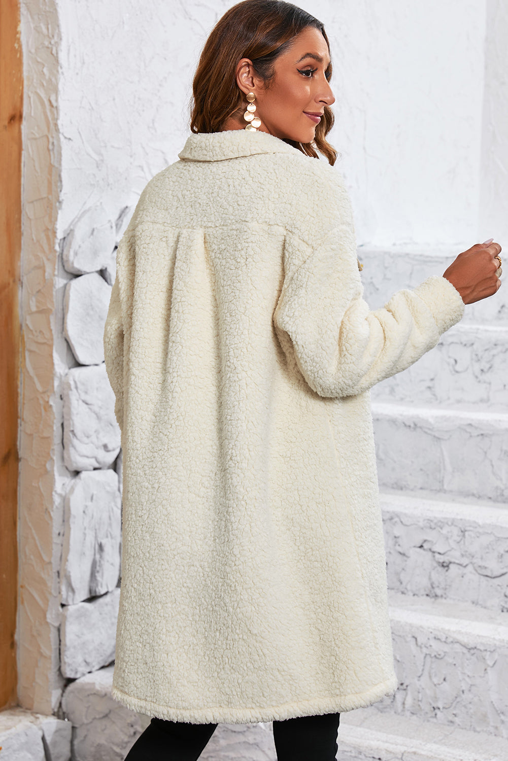 Beige Contrast Flap Pocket Single Breasted Teddy Coat Coats JT's Designer Fashion