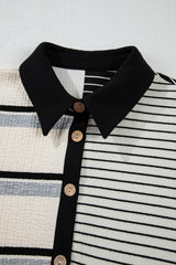 Black Stripe Colorblock Knit Henley Collar Shift Long Sleeve Mini Dress Mini Dresses JT's Designer Fashion
