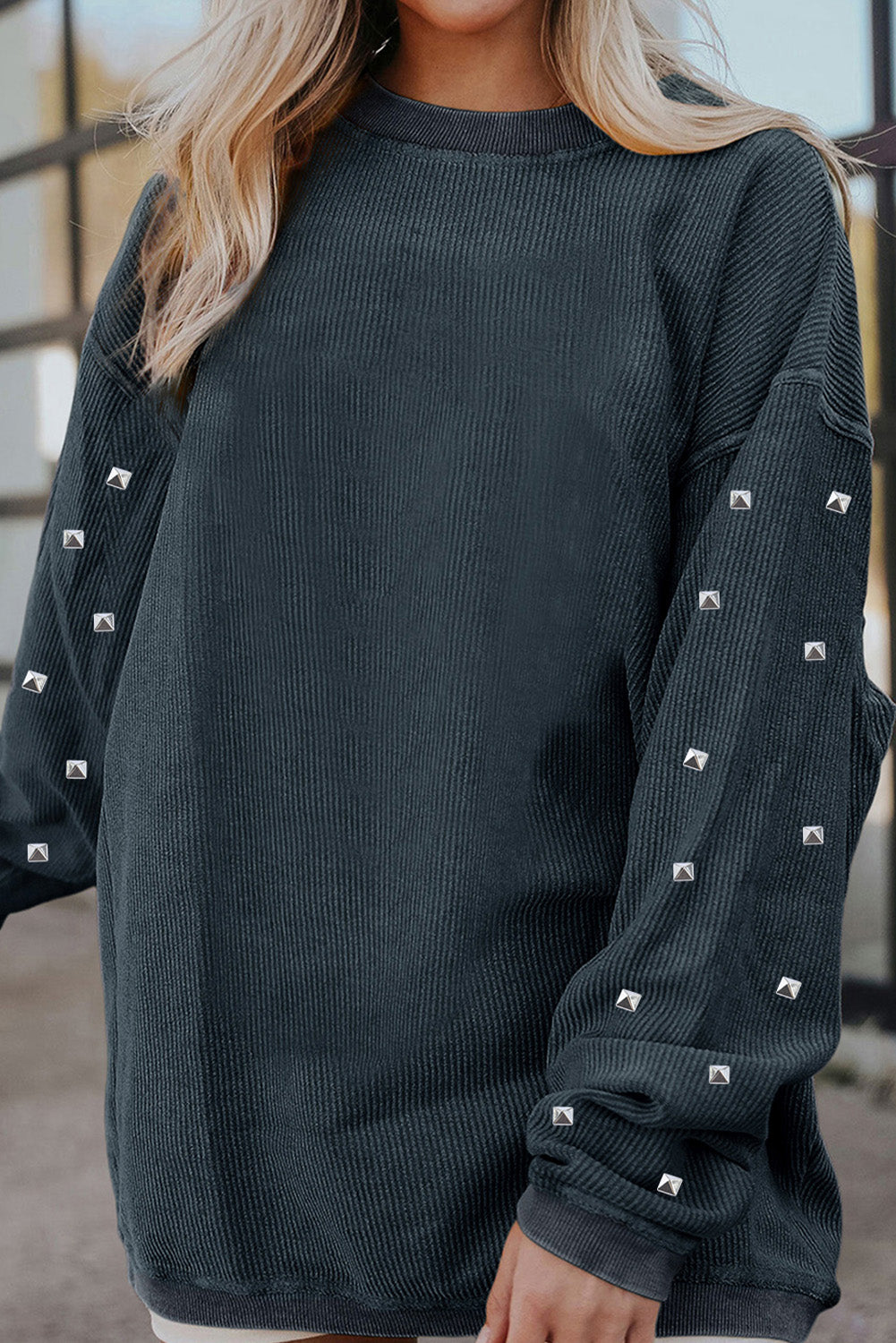 Dark Grey Bead Studded Sleeve Corded Drop Shoulder Sweatshirt Dark Grey 100%Polyester Graphic Sweatshirts JT's Designer Fashion