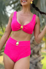 Rose Red Gold Shell Decor Wire-free Knotted 2pcs Bikini Swimsuit High Waisted Swimsuit JT's Designer Fashion