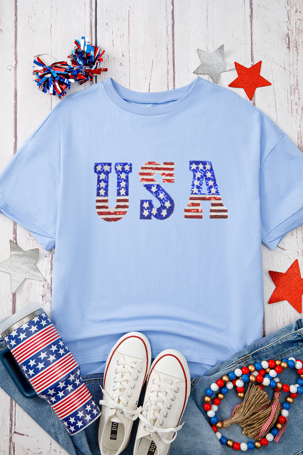 Myosotis USA Patched Drop Sleeve Crewneck T Shirt Graphic Tees JT's Designer Fashion