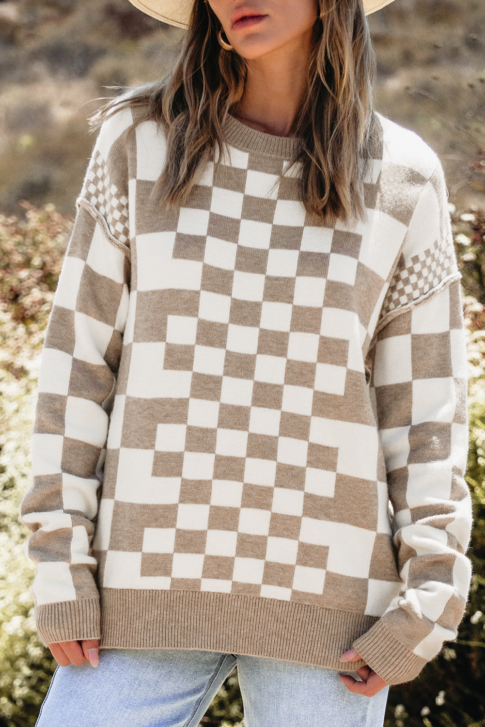 Khaki Checkered Print Drop Shoulder Round Neck Sweater Sweaters JT's Designer Fashion