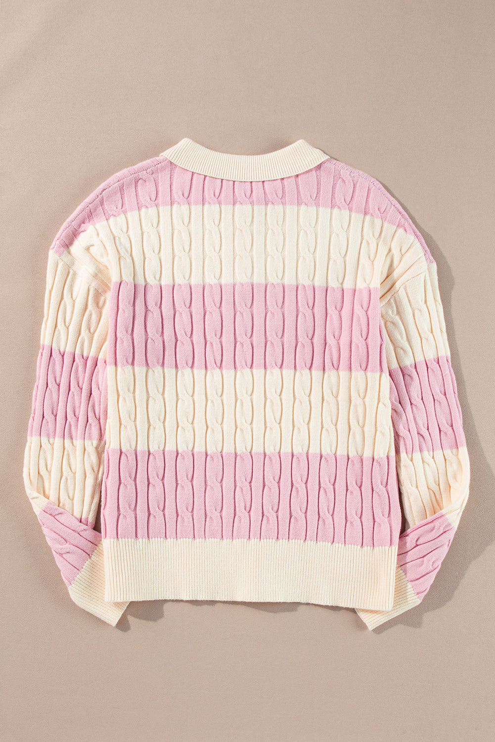 Pink Stripe Cable Knit Collared Henley Sweater Sweaters JT's Designer Fashion