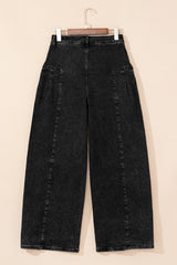 Dark Grey Pleated Wide Leg Mineral Wash Denim Pants Jeans JT's Designer Fashion