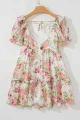 White Vibrant Floral Bubble Sleeve Sweetheart Neck Ruffle Mini Dress Floral Dresses JT's Designer Fashion