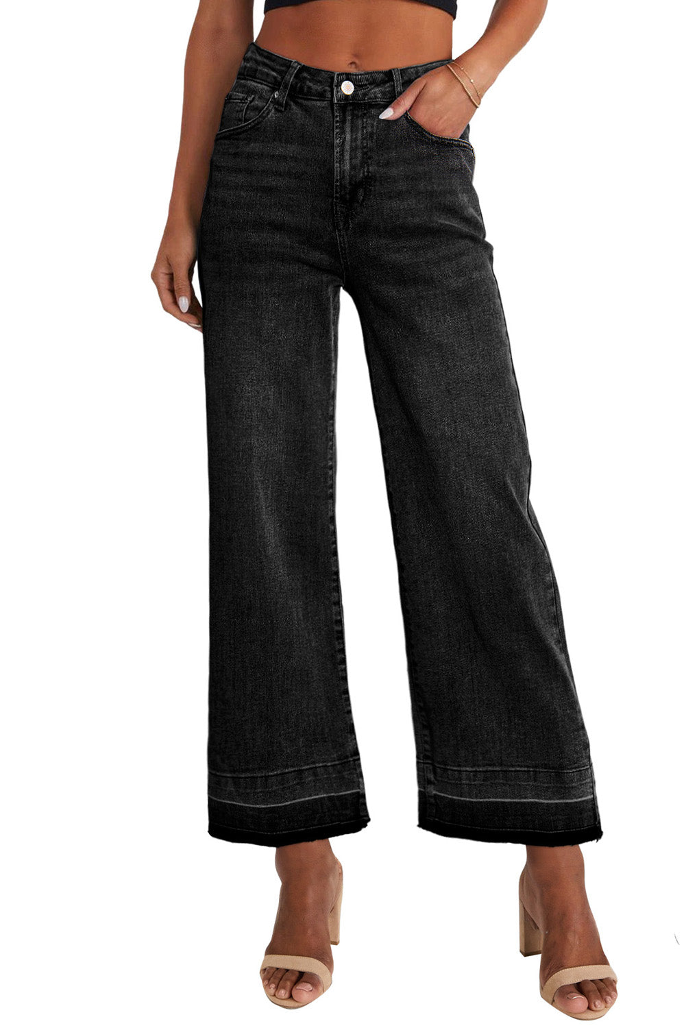 Black Raw Hem Straight Leg Loose High Waist Jeans Jeans JT's Designer Fashion