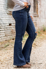 Dark Washed Distressed Flare Bottom Jeans Jeans JT's Designer Fashion