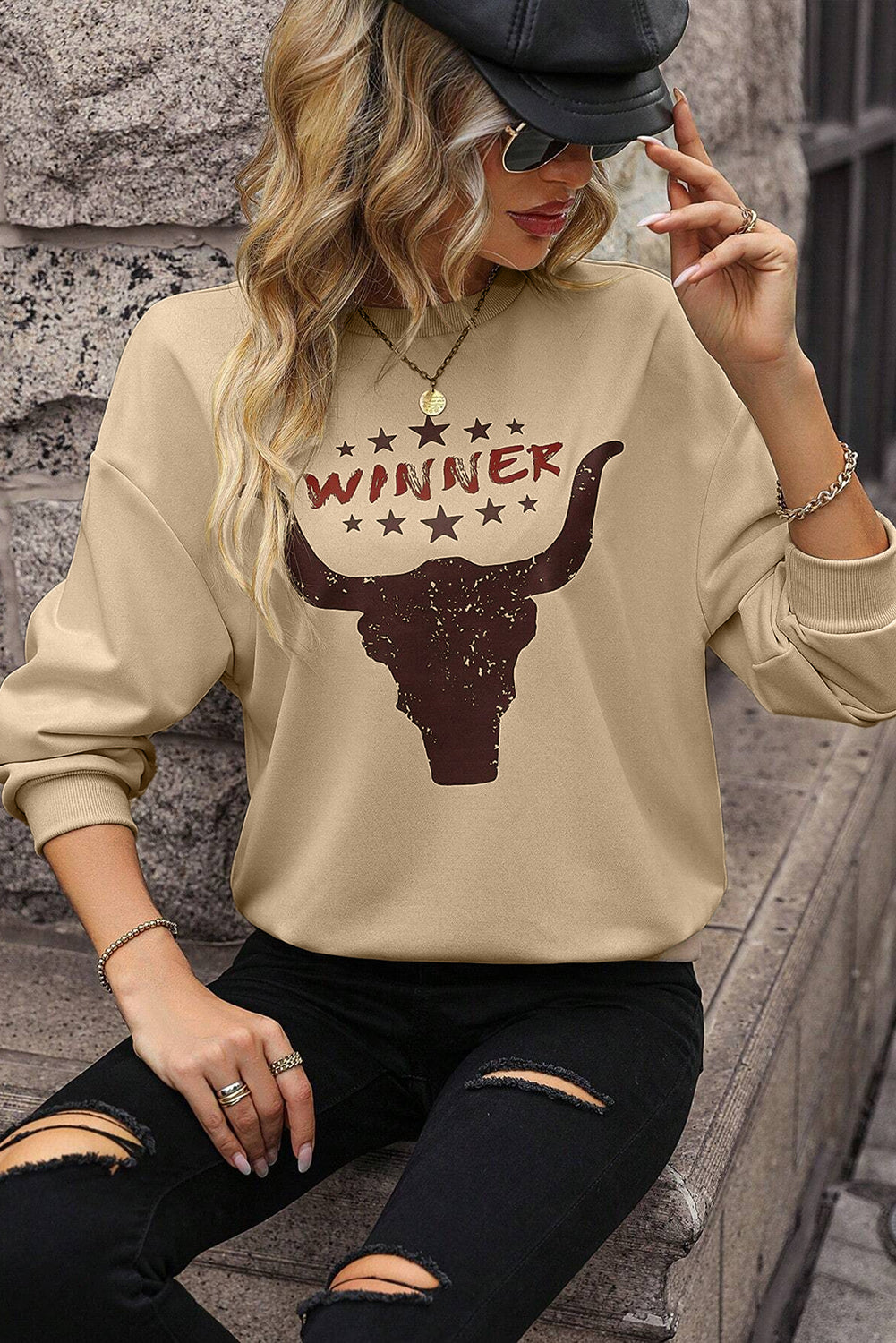 Khaki WINNER Steer Head Graphic Sweatshirt Graphic Sweatshirts JT's Designer Fashion