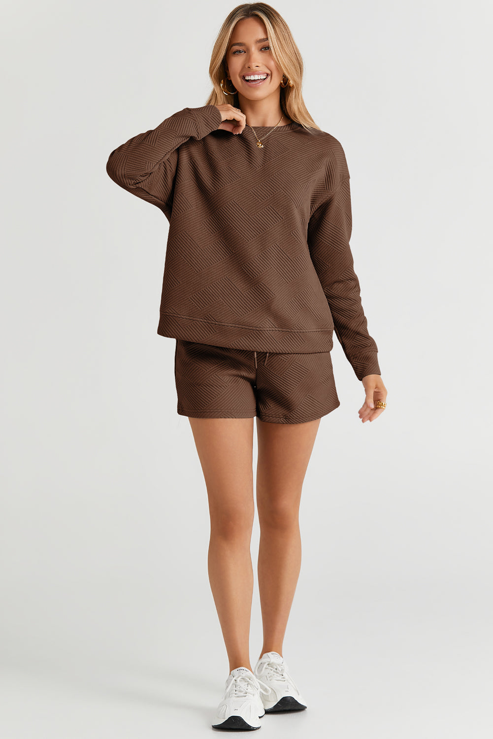 Brown Textured Long Sleeve Top and Drawstring Shorts Set Short Sets JT's Designer Fashion